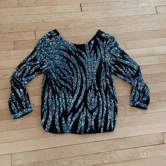 Vintage Oleg Cassini Sequin Top Small 80s Glam Iridescent Blue Black Beaded NYE - Picture 7 of 10